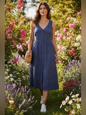 Cotton Elegant Blue and Gold Patterned Maxi Dress